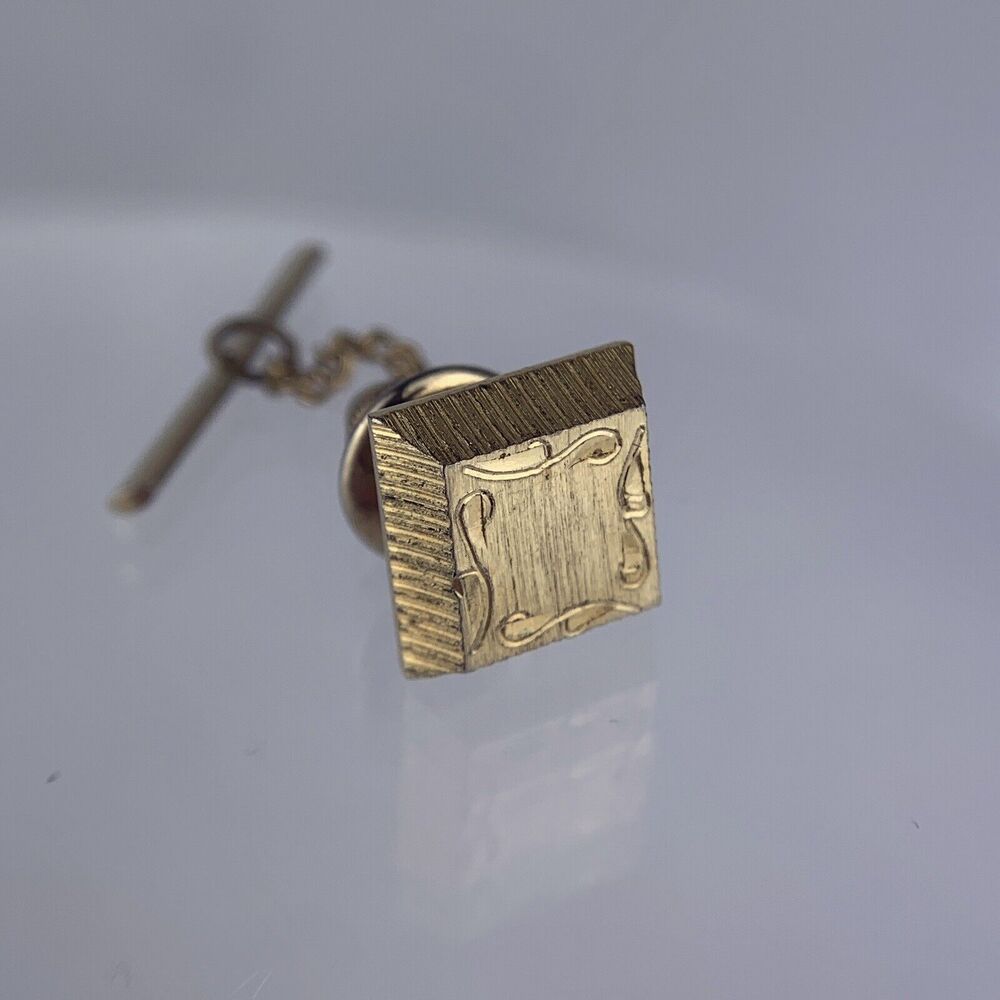 Square Strolls Gold Tone Tie Tack Pin Etched Brushed Metal Vintage